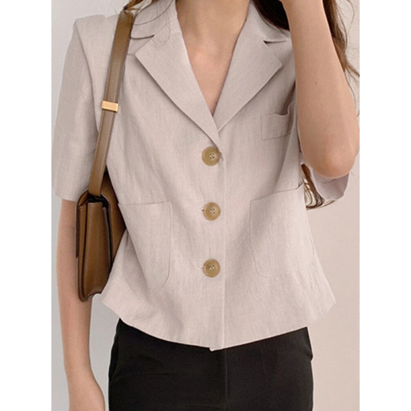 Solid Button Lapel Short Sleeve Women Casual Blazer