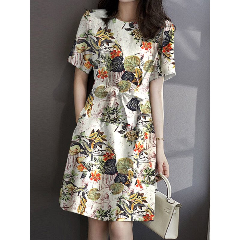 Plants Print Belted Pocket Short Sleeve Vintage Dress