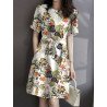 Plants Print Belted Pocket Short Sleeve Vintage Dress