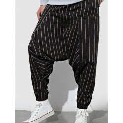 Mens Striped Loose Drop Crotch Drawstring Waist Pants