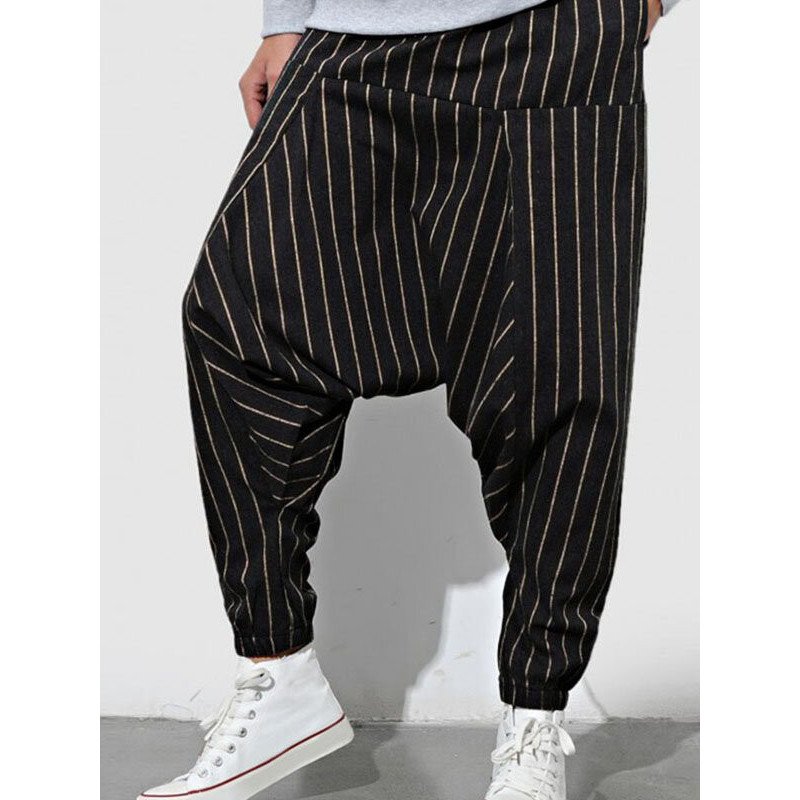 Mens Striped Loose Drop Crotch Drawstring Waist Pants