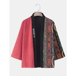 Mens Japanese Embroidery Patchwork Corduroy Open Front Kimono