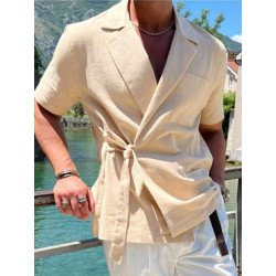 Mens Solid Lapel Tie Side 100%Cotton Short Sleeve Shirt