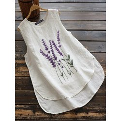 Embroidery Lavenders O-neck Asymmetrical Plus Size Tank Top