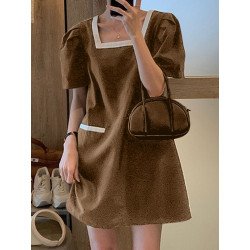 Contrast Puff Sleeve A-line Square Collar Casual Dress