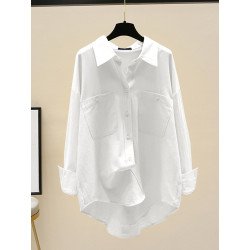 Solid Button Front Pocket Long Sleeve Lapel Shirt
