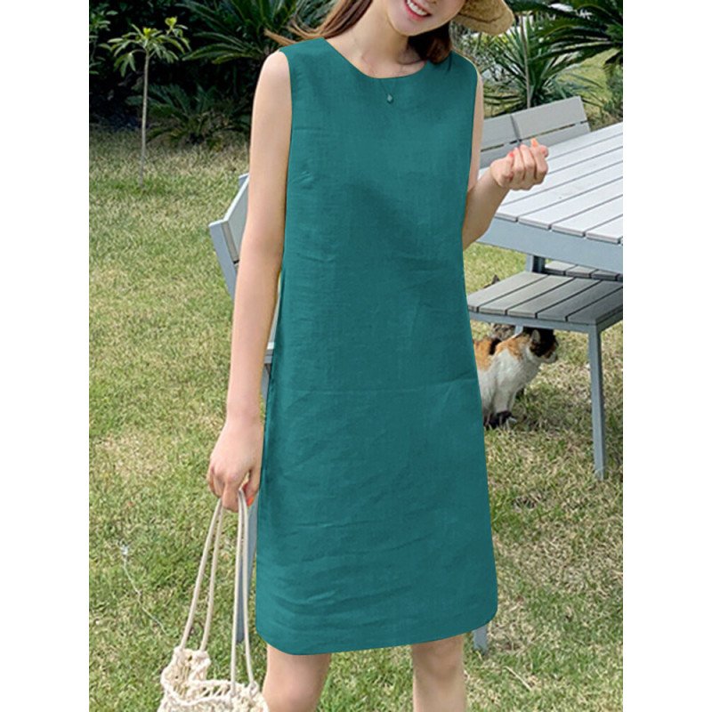 Solid Pocket Slit Sleeveless Crew Neck Casual Dress