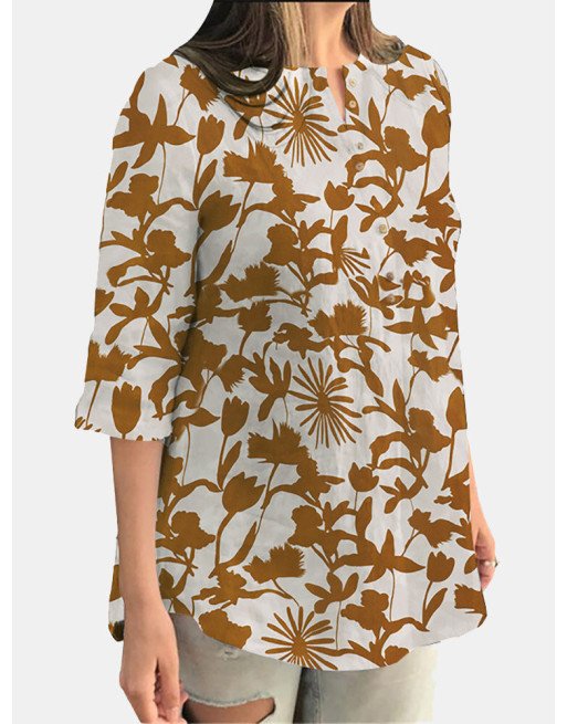 Random Allover Leaves Print Button Front 3/4 Sleeve Blouse