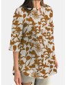 Random Allover Leaves Print Button Front 3/4 Sleeve Blouse