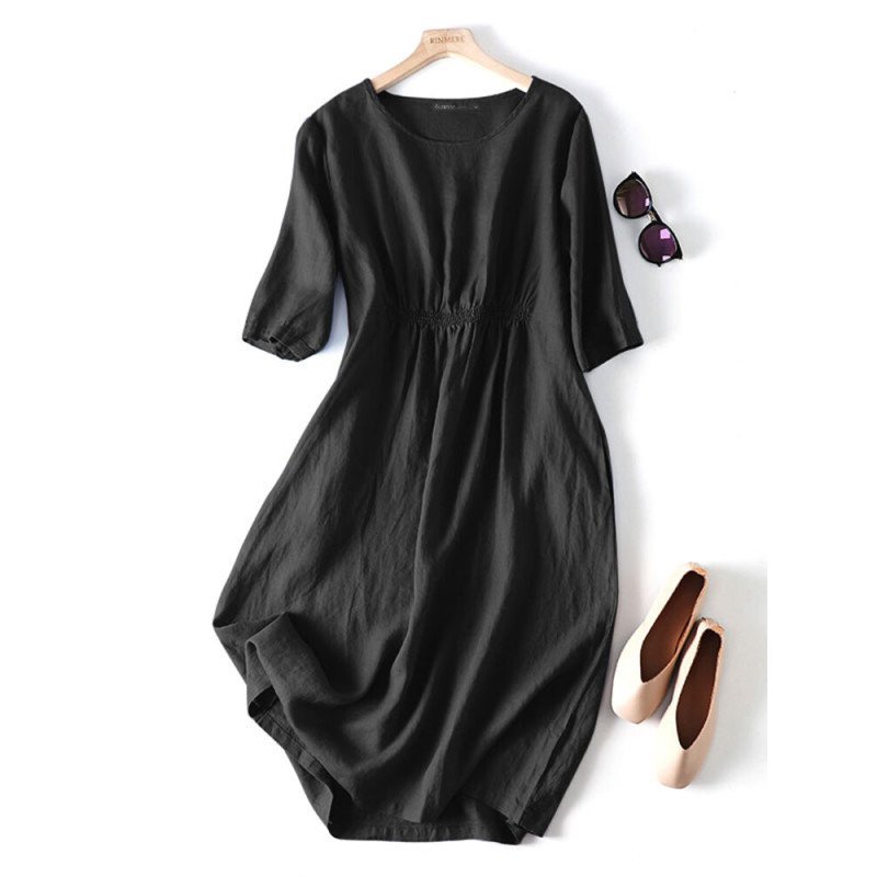 Solid Shirred Pocket Half Sleeve Crew Neck Dress