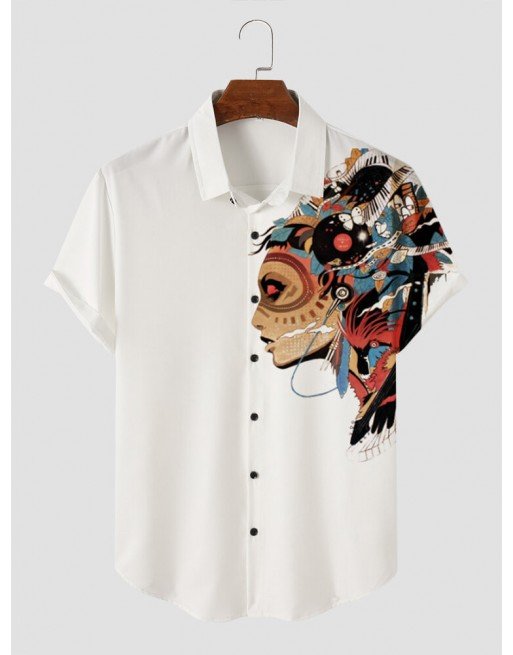 Mens Ethnic Figure Side Print Lapel Short Sleeve Shirts