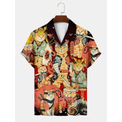 Mens Allover Japanese Cat Print Revere Collar Short Sleeve Shirts