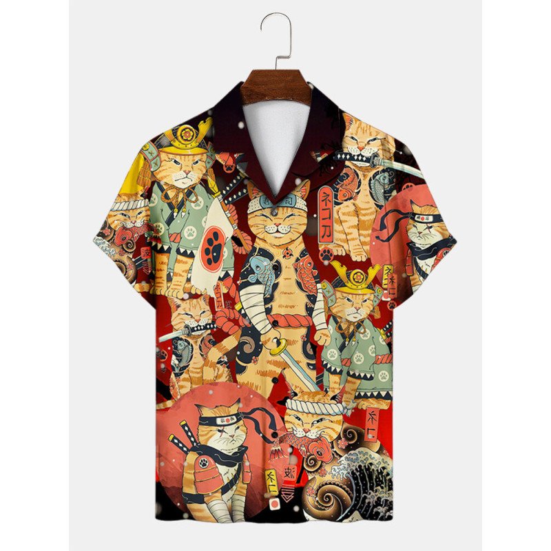 Mens Allover Japanese Cat Print Revere Collar Short Sleeve Shirts