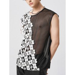 Mens Floral Lace Splice Mesh See Through Sleeveless Tank