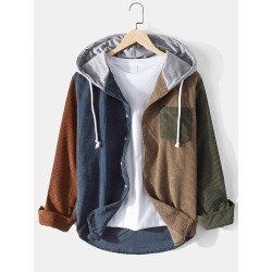 Mens Corduroy Colorblock Stitching Drawstring Hooded Shirt With Pocket