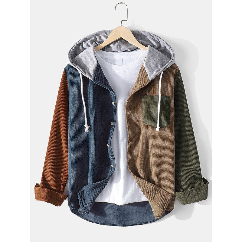 Mens Corduroy Colorblock Stitching Drawstring Hooded Shirt With Pocket