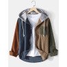Mens Corduroy Colorblock Stitching Drawstring Hooded Shirt With Pocket