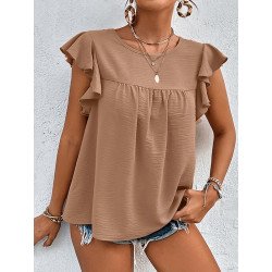 Women Solid Texture Crew Neck Ruffle Sleeveless Blouse