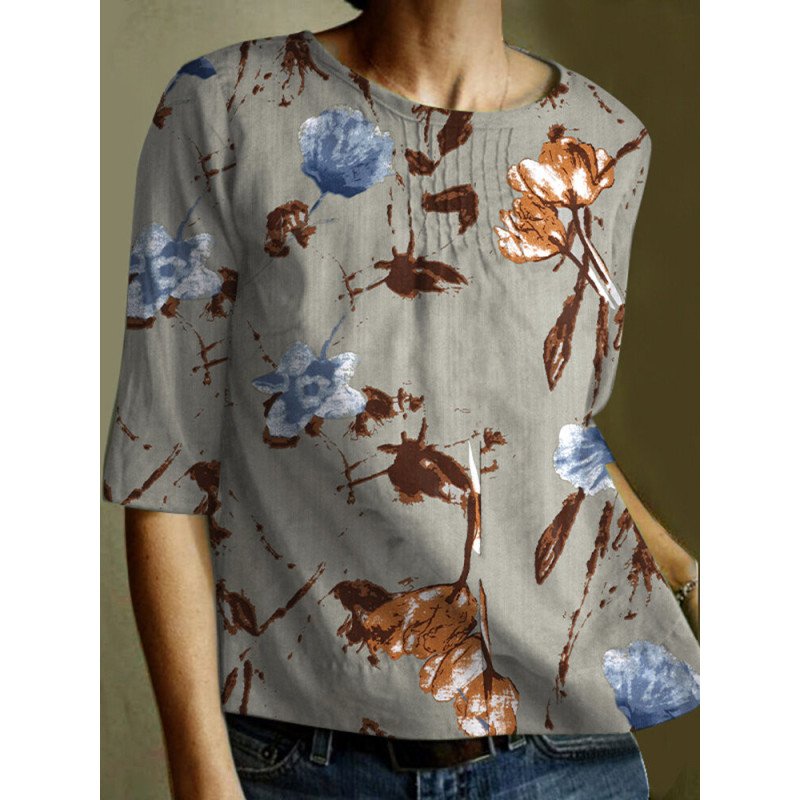 Plants Print Half Sleeve Crew Neck Casual Blouse