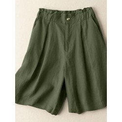 Solid Pocket Ruched Elastic Waist Casual Cotton Shorts