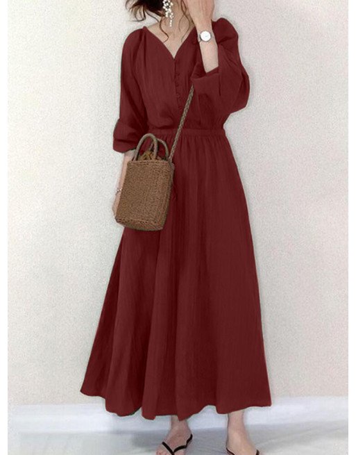 Solid Button Elastic Waist V Neck Casual Maxi Dress
