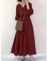 Solid Button Elastic Waist V Neck Casual Maxi Dress