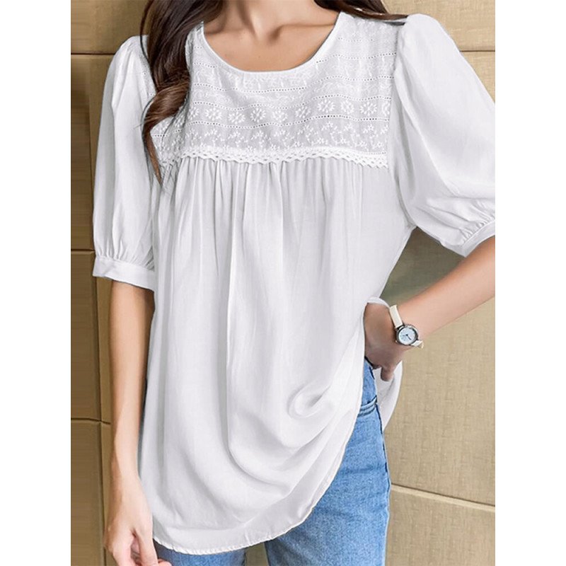 Solid Floral Stitch Half Sleeve Loose Crew Neck Blouse