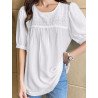 Solid Floral Stitch Half Sleeve Loose Crew Neck Blouse