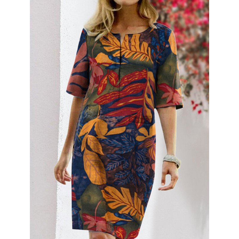 Floral Printed Split O-neck Half Sleeve Vintage Dress