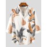 Mens Leaves Print 3/4 Sleeve Stand Collar Shirt