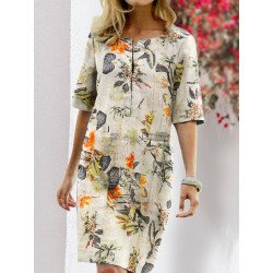 Floral Print Split O-neck Half Sleeve Casual Cotton Dress