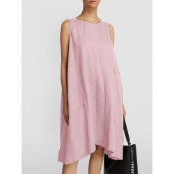 Women Solid Crew Neck Cotton Casual Sleeveless Dress