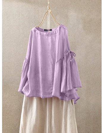 Solid Bell Long Sleeve Loose O-neck Women Blouse