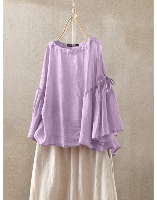 Solid Bell Long Sleeve Loose O-neck Women Blouse