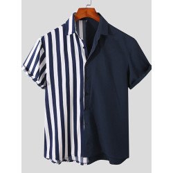 Mens Striped Pattern Patchwork Button Short Sleeve Shirt