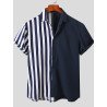 Mens Striped Pattern Patchwork Button Short Sleeve Shirt