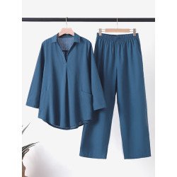 Solid Pocket Long Sleeve Lapel Two Pieces Suit