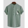Mens Floral Bird Print Chest Pocket Cotton Henley Shirts