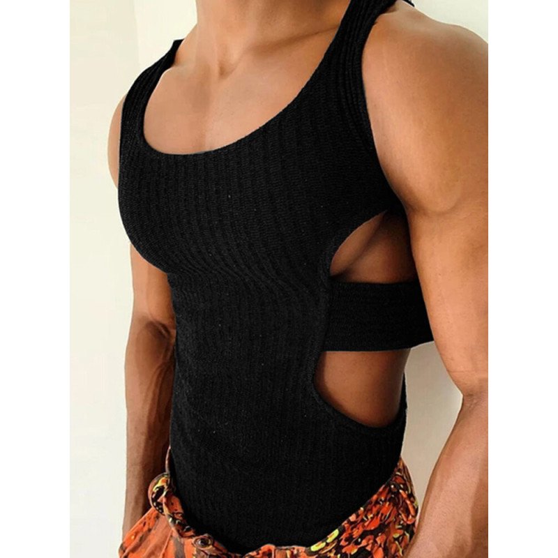 Mens Solid Sexy Side Hollow Knitted Pit Striped Tank Top