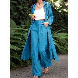 Solid Pocket Button Zip Front Wide Leg Two Pieces Suit