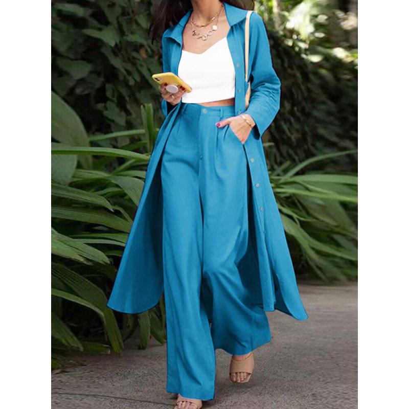 Solid Pocket Button Zip Front Wide Leg Two Pieces Suit