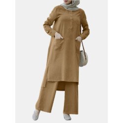 Solid Color O-neck Long Sleeve Plus Size Button Blouse Suit for Women