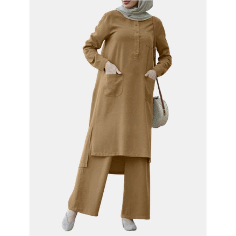 Solid Color O-neck Long Sleeve Plus Size Button Blouse Suit for Women
