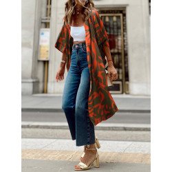 Women Abstract Print Open Front Loose Half Sleeve Kimono