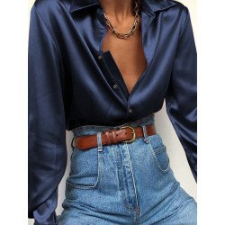 Elegant Solid Color Long Sleeve Basic Satin Plus Size Shirt For Women