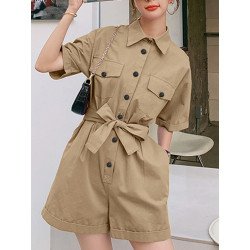 Solid Pocket Button Lapel Short Sleeve Wide Leg Cargo Romper