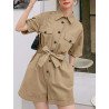 Solid Pocket Button Lapel Short Sleeve Wide Leg Cargo Romper