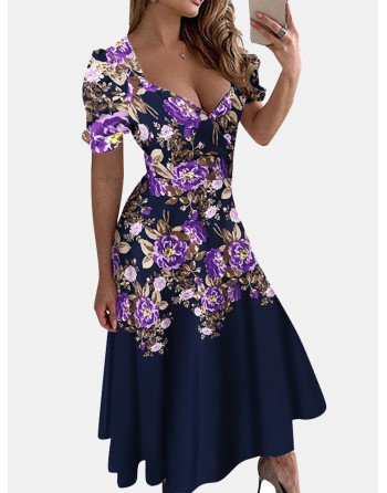 Flower Print Wrap V-neck Short Sleeve A-line Midi Dress