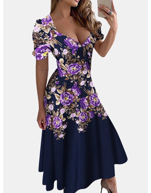 Flower Print Wrap V-neck Short Sleeve A-line Midi Dress
