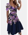 Flower Print Wrap V-neck Short Sleeve A-line Midi Dress